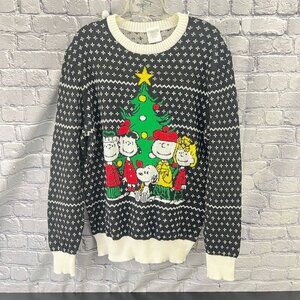 Peanuts Womens  Christmas Sweater Crewneck Pullover L Black & White Tree